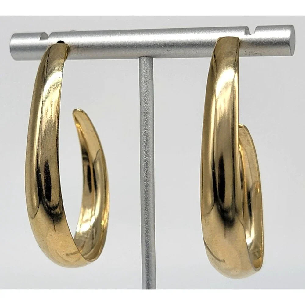 Gold Tone Oval Hoop Earrings Large Polished Unmarked Statement Jewelry Vintage S